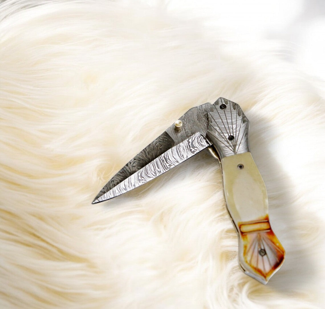 Artisan Crafted Damascus Steel EDC Folding Knife with Bone Handle