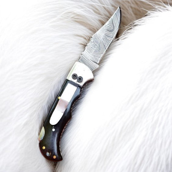 Handmade Damascus Pocket Clip Knife – Buffalo Horn Handle