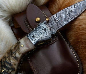 Custom Handmade Damascus Steel Pocket Knife – Sheep Horn