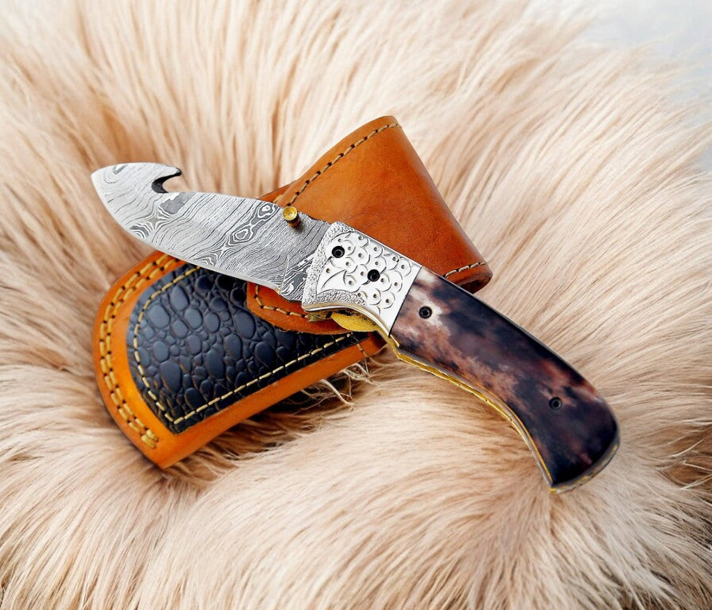 Custom Handmade Damascus Pocket Knife – Colored Bone Handle