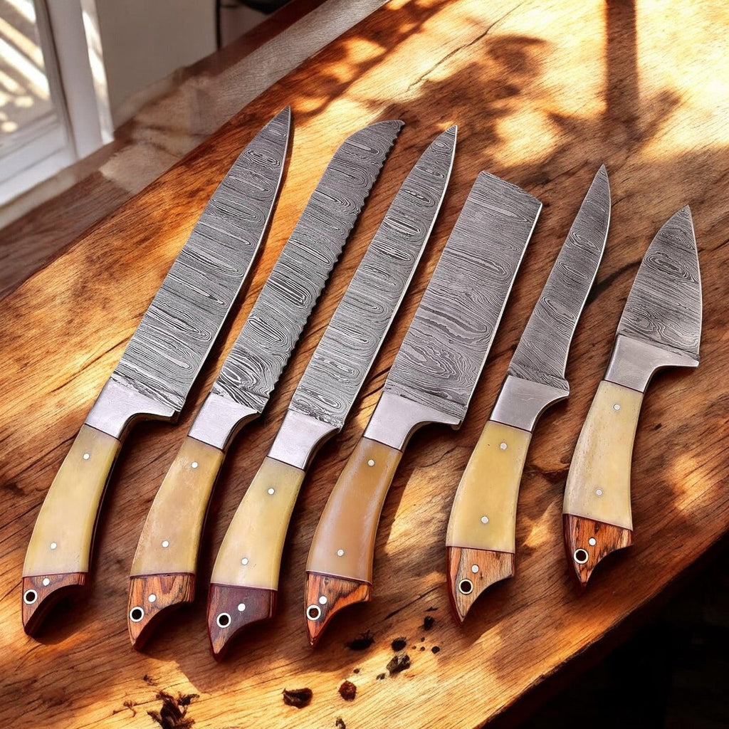 Custom Handmade Damascus Kitchen Knives Set – Leather Roll