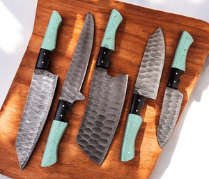 Handmade Damascus Kitchen Knives Set with Epoxy Resin Handle