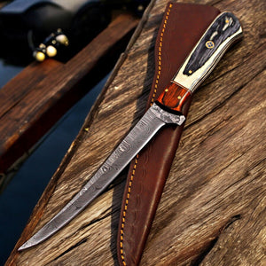 Handmade Damascus Fillet Knife with Antler Horn Handle