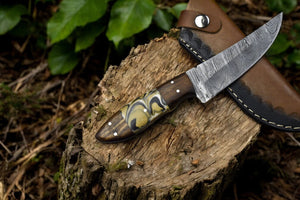 Handmade Damascus Steel Skinning Knife with Leather Sheath