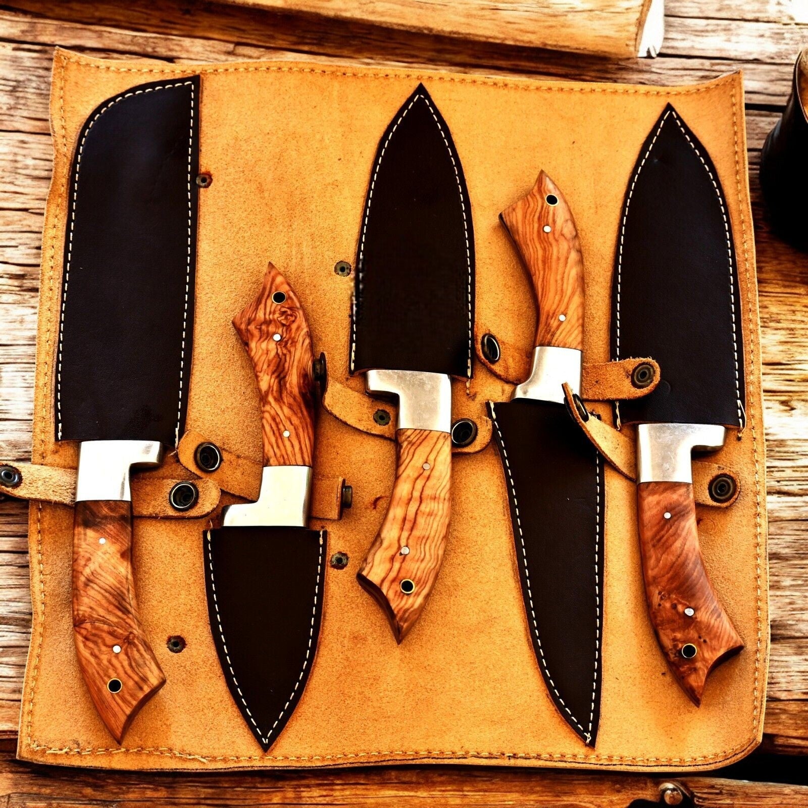 Handmade Damascus Kitchen Knives Set with Olivewood Handle