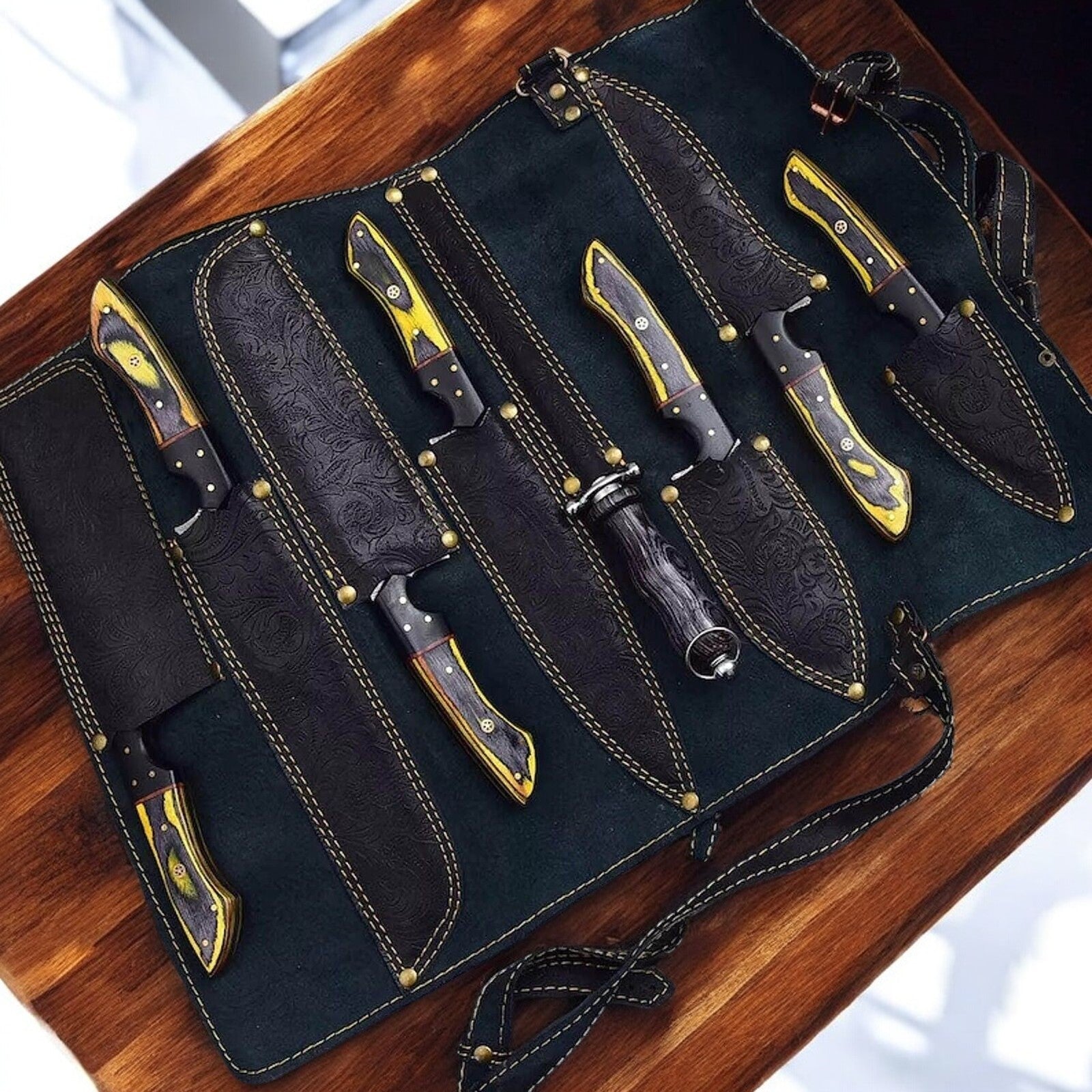 Handmade Damascus Kitchen Knives Set | Exotic Wood & Horn