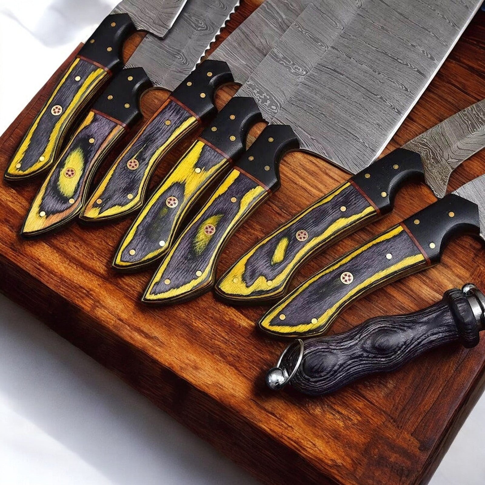 Handmade Damascus Kitchen Knives Set | Exotic Wood & Horn