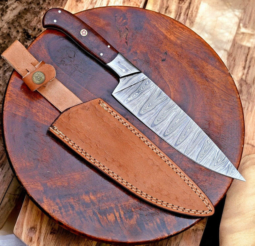 Custom Damascus Chef Knife – Rosewood Handle, 13"
