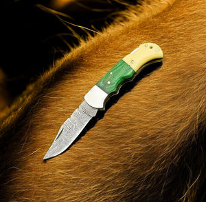 Custom Handmade Damascus Pocket Knife – Bone & Wood Handle