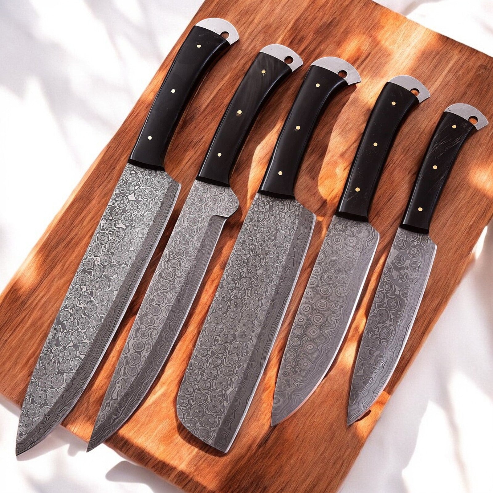 Handmade Damascus Kitchen Knives Set – Buffalo Horn Handle
