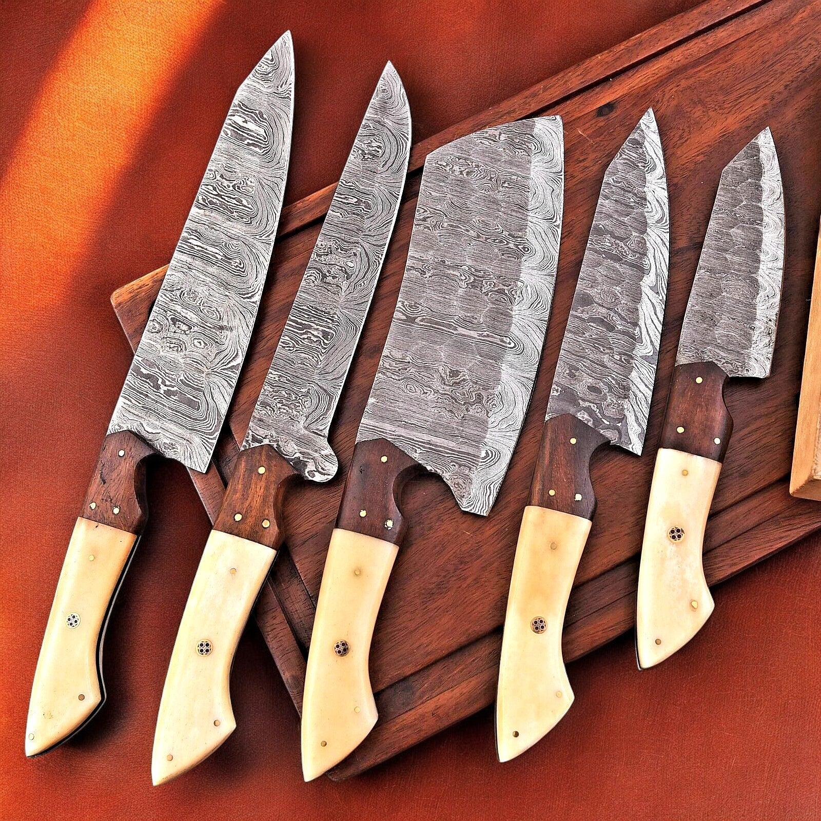 Handmade Damascus Kitchen Knives Set – Bone & Rosewood