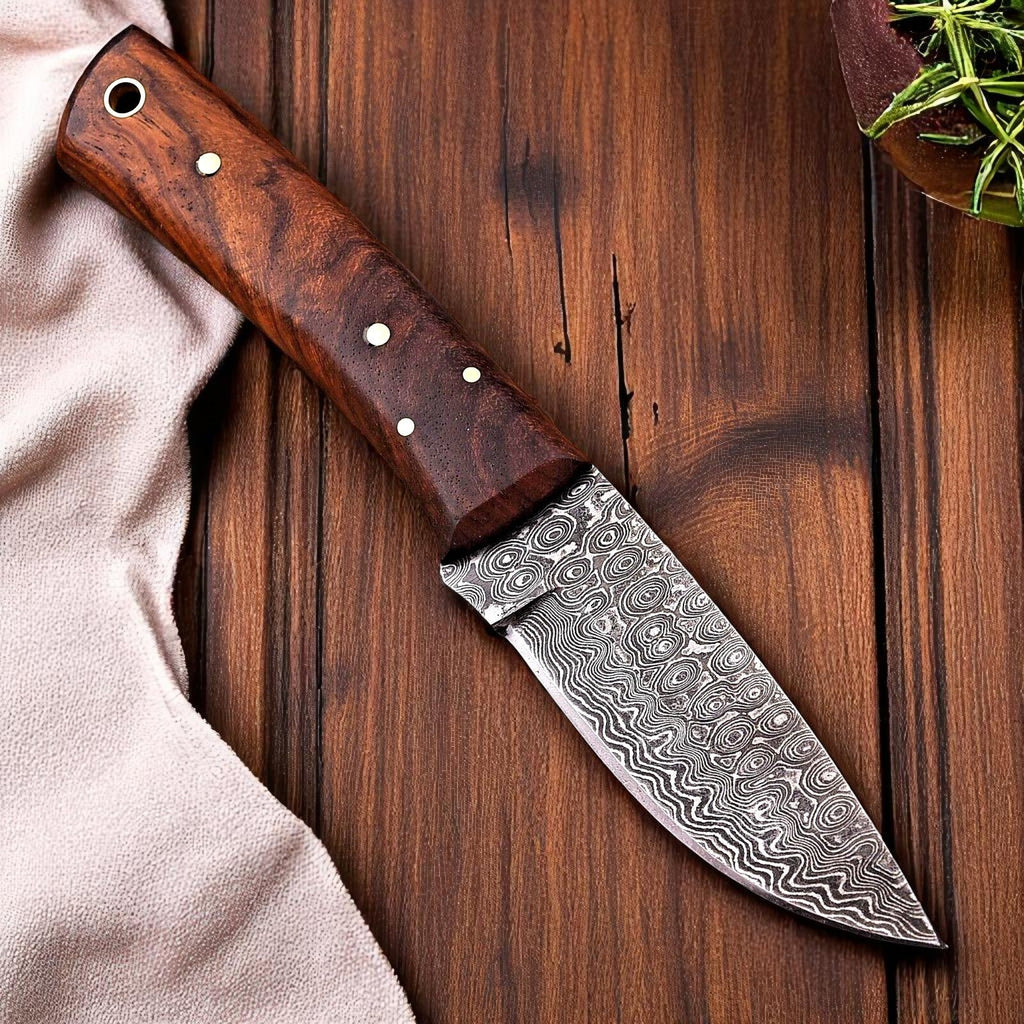 Custom Damascus Hunting Skinning Knife with Sheath