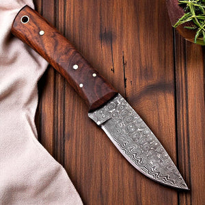 Custom Damascus Hunting Skinning Knife with Sheath