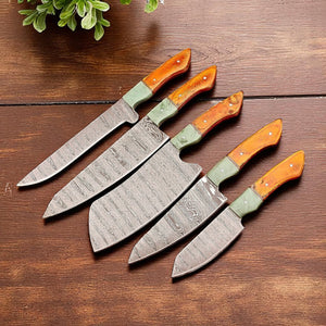 Handmade Best Damascus Knife Set with Leather Roll